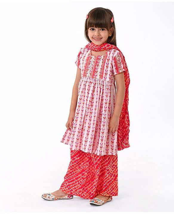 Babyhug Cotton Woven Half Sleeves Kurta With Fringe Lace & Palazzo Set With Dupatta in Laheriya Print - Off White & Orange