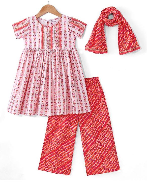 Babyhug Cotton Woven Half Sleeves Kurta With Fringe Lace & Palazzo Set With Dupatta in Laheriya Print - Off White & Orange