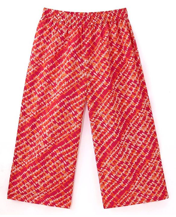 Babyhug Cotton Woven Half Sleeves Kurta With Fringe Lace & Palazzo Set With Dupatta in Laheriya Print - Off White & Orange