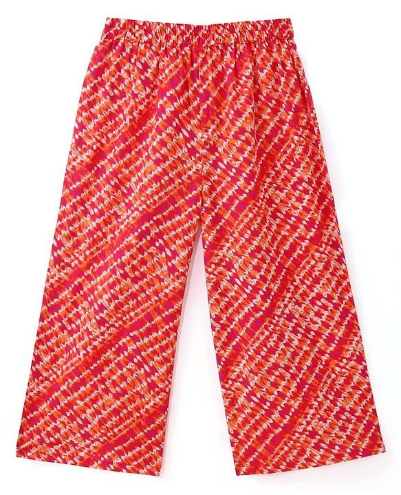 Babyhug Cotton Woven Half Sleeves Kurta With Fringe Lace & Palazzo Set With Dupatta in Laheriya Print - Off White & Orange