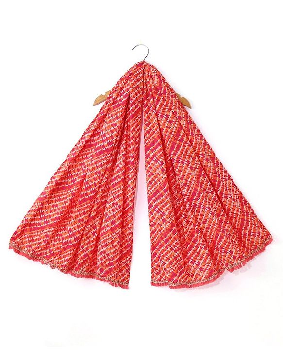 Babyhug Cotton Woven Half Sleeves Kurta With Fringe Lace & Palazzo Set With Dupatta in Laheriya Print - Off White & Orange