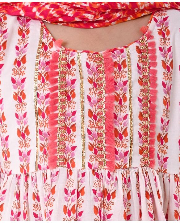 Babyhug Cotton Woven Half Sleeves Kurta With Fringe Lace & Palazzo Set With Dupatta in Laheriya Print - Off White & Orange