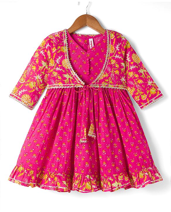 Babyhug 100% Cotton Woven Ethnic Dresses and Jacket with 3/4th Sleeves and Floral Print in Pink for 3-6 Months