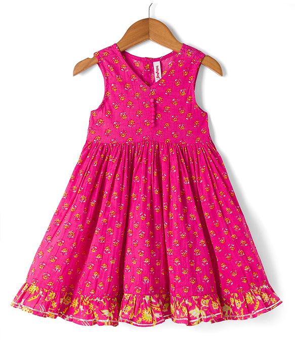 Babyhug 100% Cotton Woven Ethnic Dresses and Jacket with 3/4th Sleeves and Floral Print in Pink for 3-6 Months