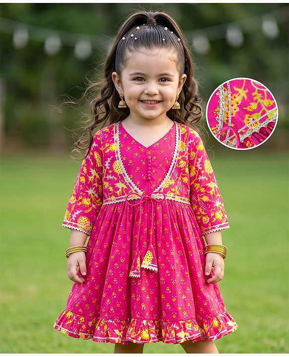 Babyhug 100% Cotton Woven Ethnic Dresses and Jacket with 3/4th Sleeves and Floral Print in Pink for 3-6 Months