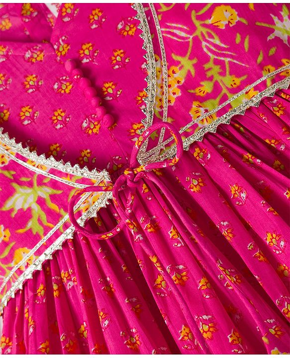 Babyhug 100% Cotton Woven Ethnic Dresses and Jacket with 3/4th Sleeves and Floral Print in Pink for 3-6 Months