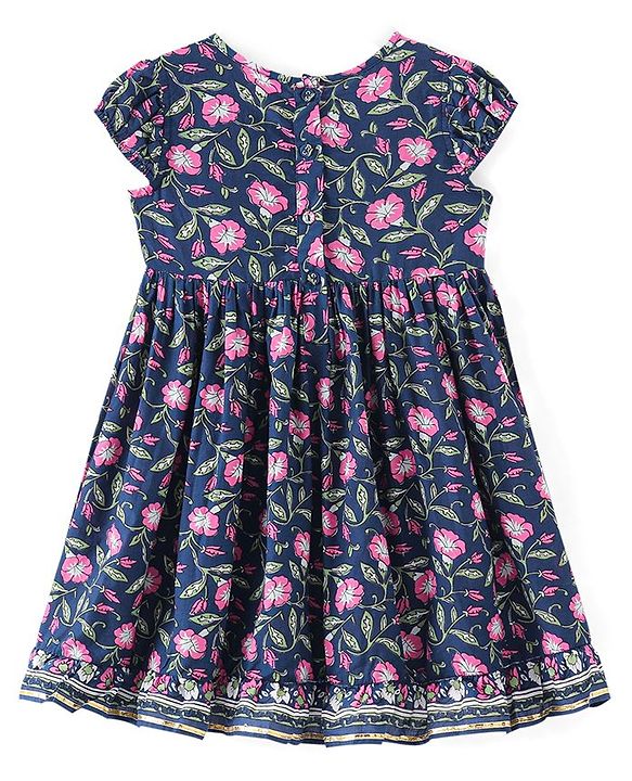 Babyhug Cotton Half Sleeves Ethnic Dress Floral Print - Navy Blue