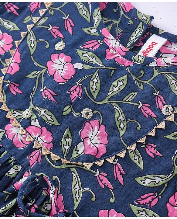 Babyhug Cotton Half Sleeves Ethnic Dress Floral Print - Navy Blue