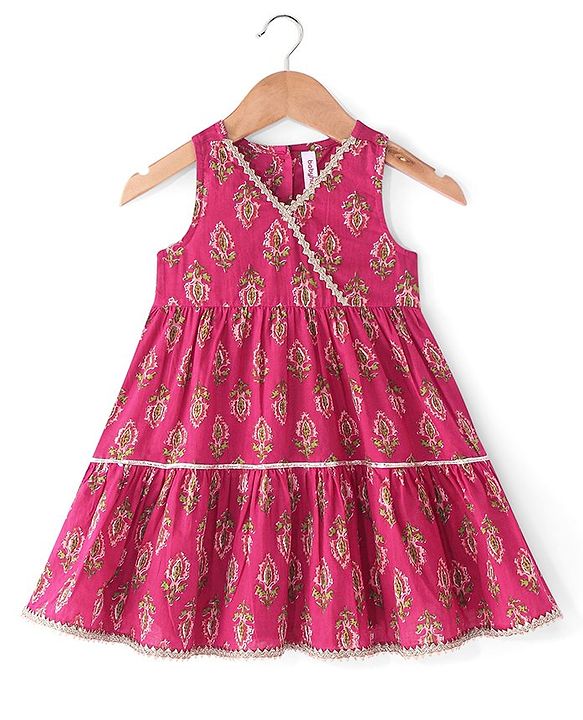Babyhug Cotton Sleeveless Front Overlap Tiered Ethnic Dress Floral Print - Fuschia