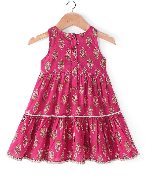 Babyhug Cotton Sleeveless Front Overlap Tiered Ethnic Dress Floral Print - Fuschia