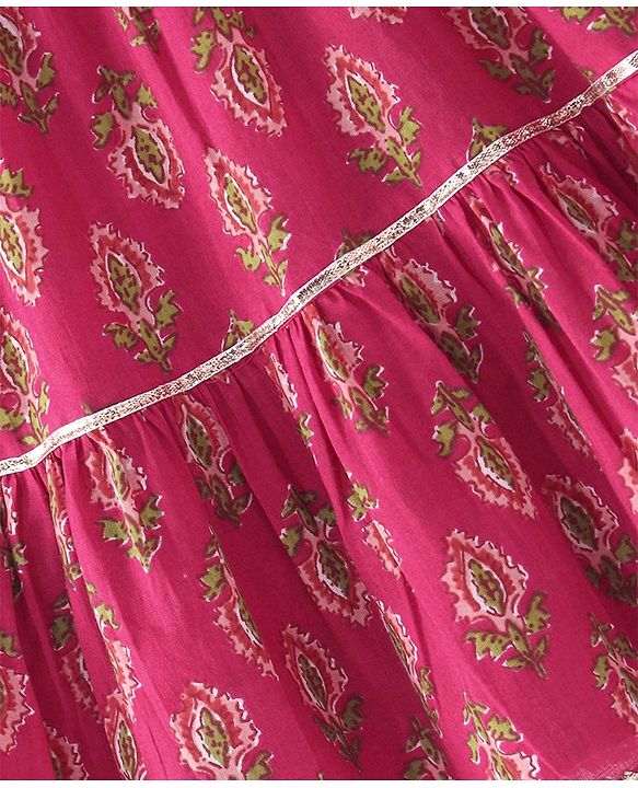 Babyhug Cotton Sleeveless Front Overlap Tiered Ethnic Dress Floral Print - Fuschia