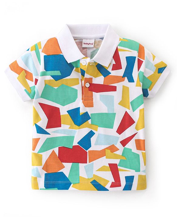Babyhug 100% Cotton Knit Half Sleeves Polo T-Shirt with Abstract Print- White