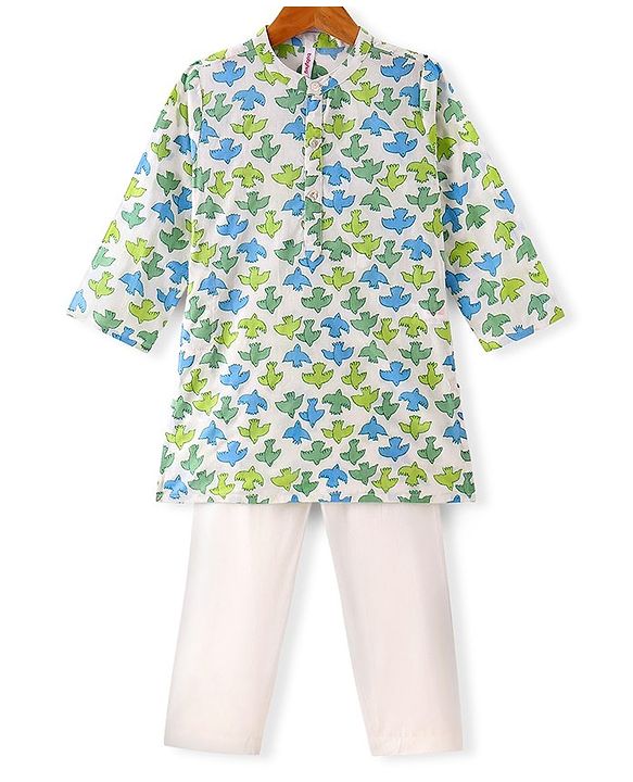 Babyhug 100% Cotton Woven Full Sleeves Kurta with Pyjama Birds Print - White