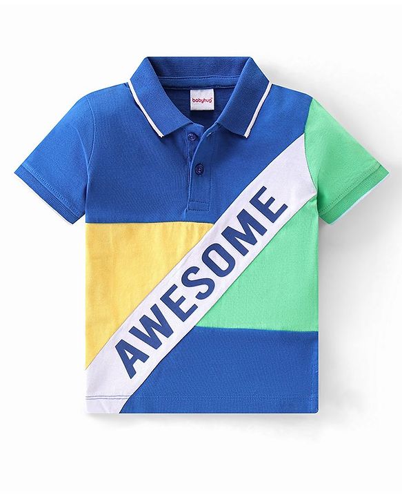 Babyhug Cotton Knit Half Sleeves Cut & Sew with Text Graphics Polo T-Shirt - Multicolour