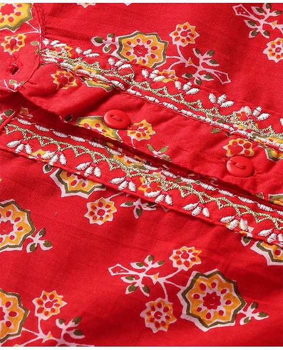 Babyhug Cotton Woven Full Sleeves Kurta & Dhoti Set with Floral Print - Red