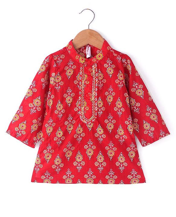 Babyhug Cotton Woven Full Sleeves Kurta & Dhoti Set with Floral Print - Red