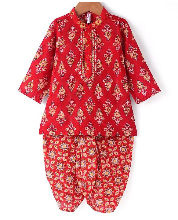 Babyhug Cotton Woven Full Sleeves Kurta & Dhoti Set with Floral Print - Red