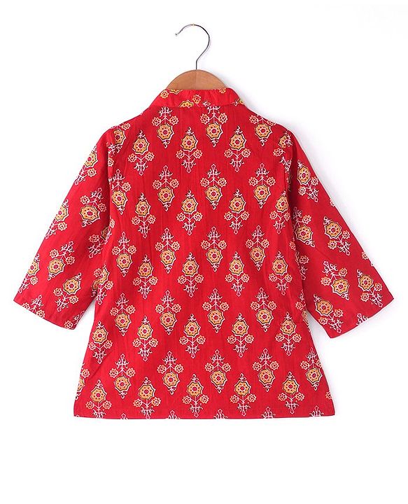 Babyhug Cotton Woven Full Sleeves Kurta & Dhoti Set with Floral Print - Red
