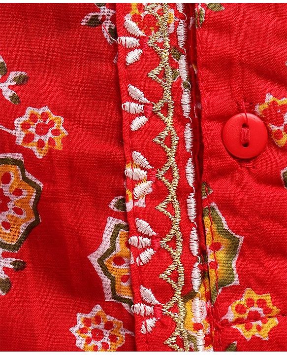 Babyhug Cotton Woven Full Sleeves Kurta & Dhoti Set with Floral Print - Red