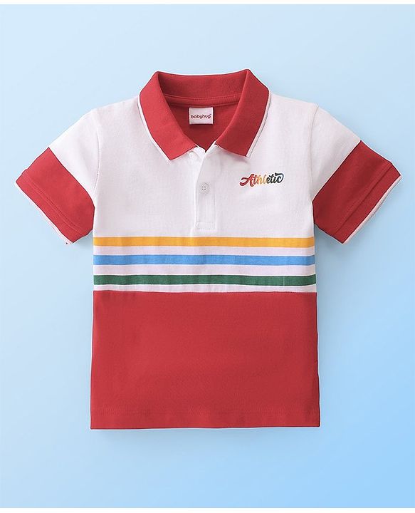 Babyhug Cotton Knit Half Sleeves Striped  Polo T-Shirt with Text  Print - White & Red