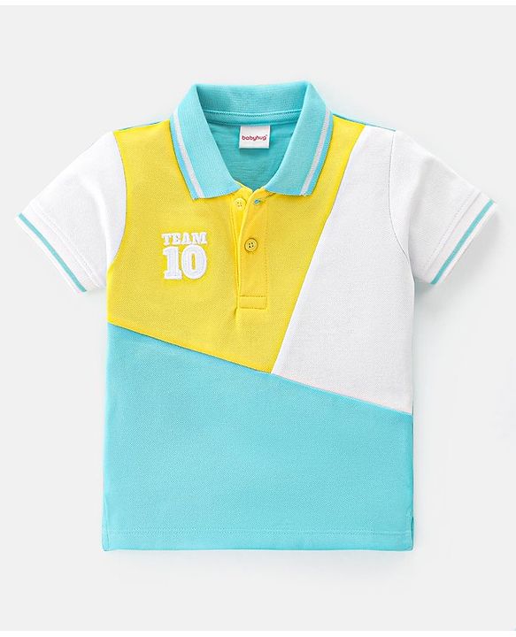 Babyhug Cotton Half Sleeves Cut and Sew Polo T-Shirt With Embroidery - Blue & White