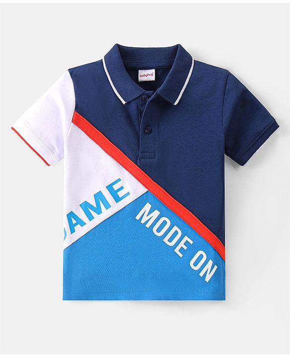 Babyhug  Cotton Knit Half Sleeves Polo T-Shirt with Text Print - Navy Blue & White