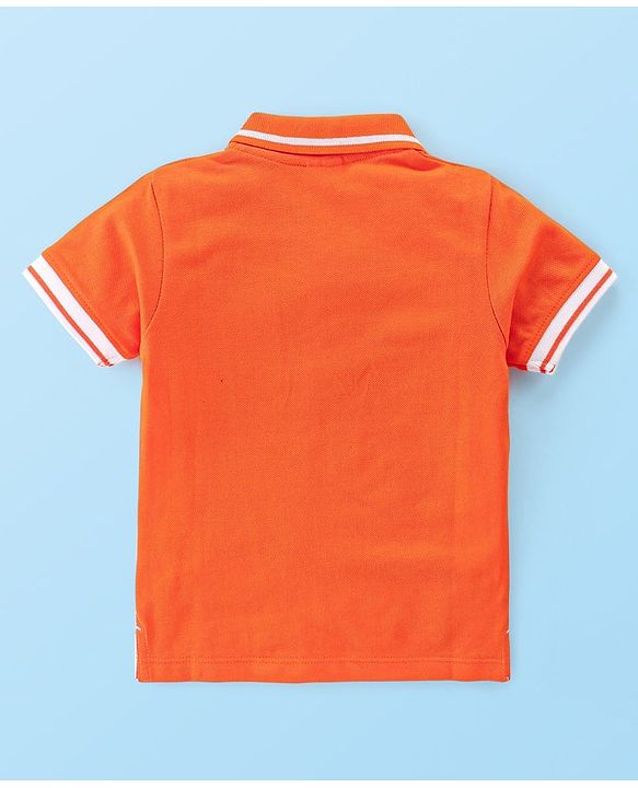 Babyhug 100% Cotton Knit Half Sleeves Cut & Sew Polo T-Shirt With Text Graphics - White & Orange