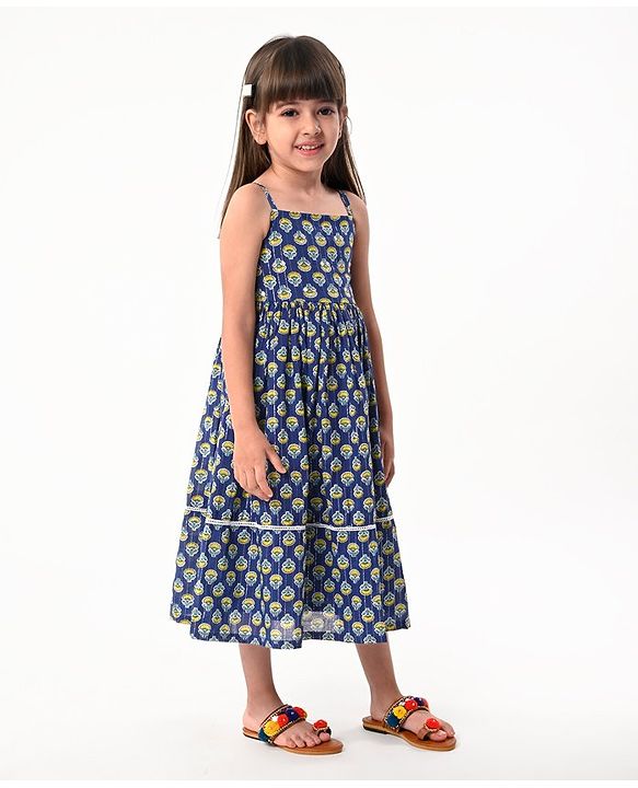 Babyhug 100% Woven Cotton Sleeveless Singlet Ethnic Dress with Floral Print-  Navy Blue