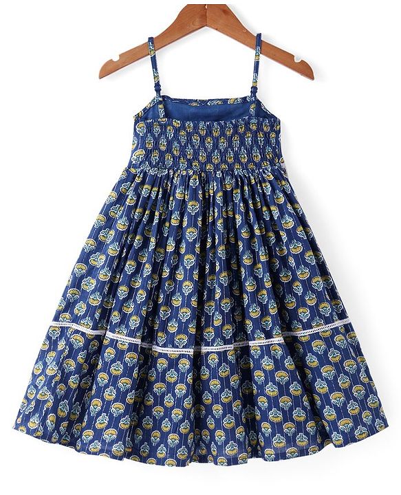 Babyhug 100% Woven Cotton Sleeveless Singlet Ethnic Dress with Floral Print-  Navy Blue