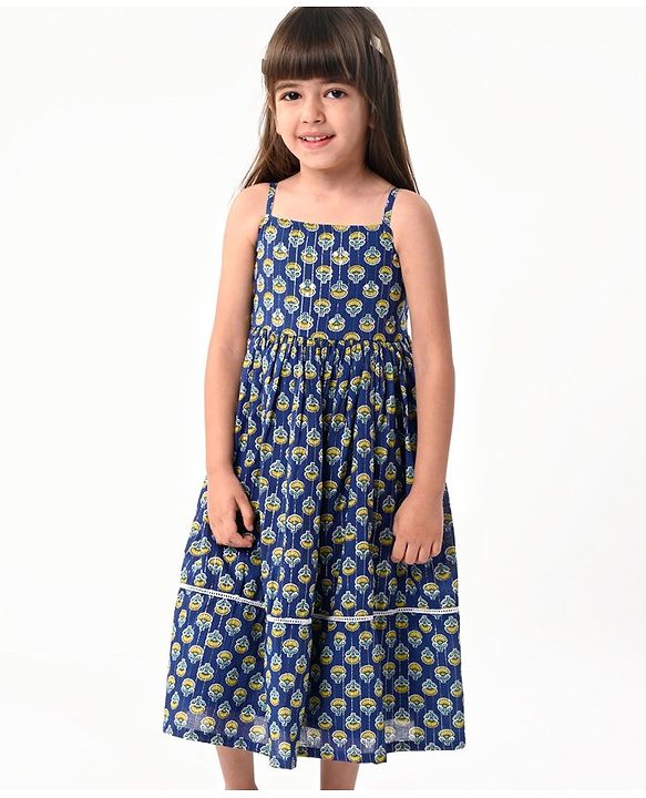 Babyhug 100% Woven Cotton Sleeveless Singlet Ethnic Dress with Floral Print-  Navy Blue