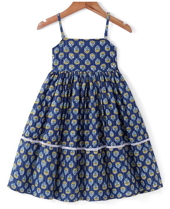 Babyhug 100% Woven Cotton Sleeveless Singlet Ethnic Dress with Floral Print-  Navy Blue