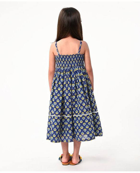 Babyhug 100% Woven Cotton Sleeveless Singlet Ethnic Dress with Floral Print-  Navy Blue