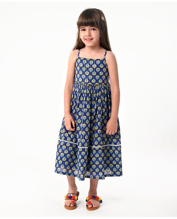 Babyhug 100% Woven Cotton Sleeveless Singlet Ethnic Dress with Floral Print-  Navy Blue