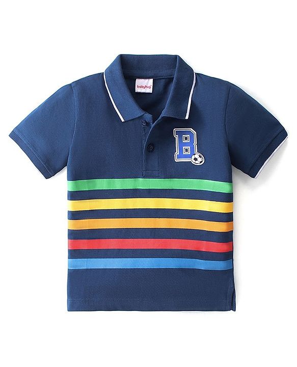 Babyhug Cotton Knit Half Sleeves Striped Polo T-Shirt with Badge Detailing - Navy Blue