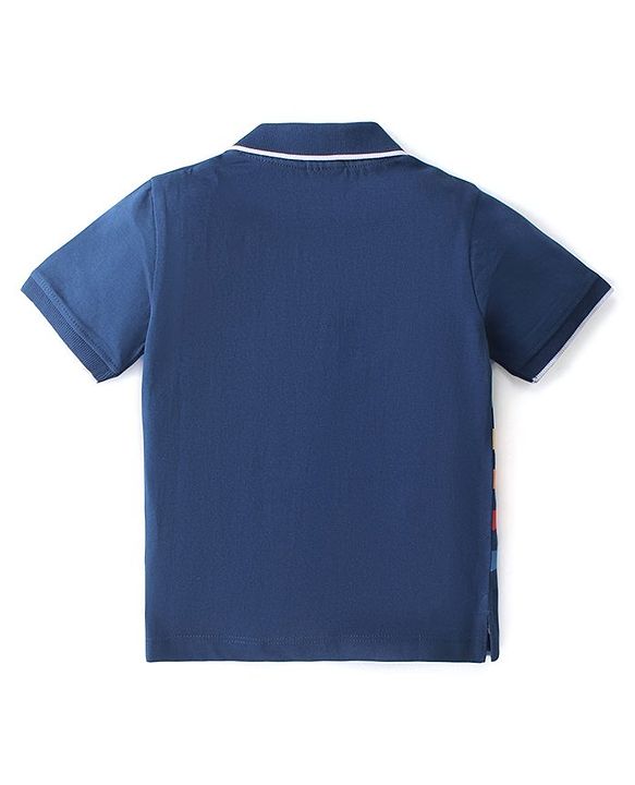Babyhug Cotton Knit Half Sleeves Striped Polo T-Shirt with Badge Detailing - Navy Blue