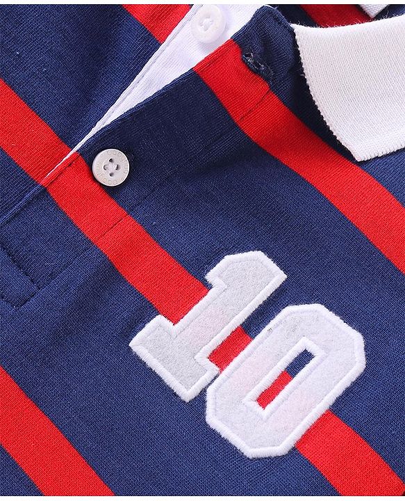 Babyhug Cotton Half Sleeves Striped Polo T-Shirt With Number Embroidery - Navy