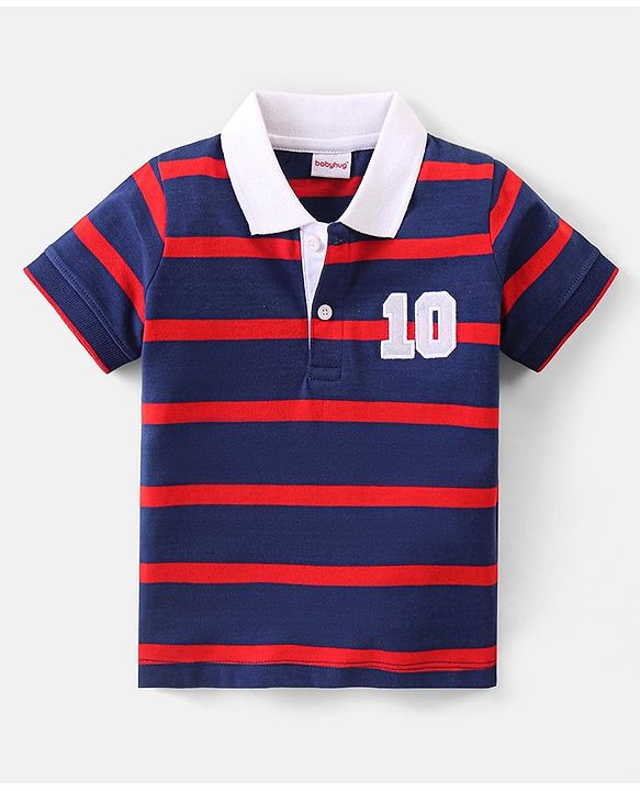 Babyhug Cotton Half Sleeves Striped Polo T-Shirt With Number Embroidery - Navy