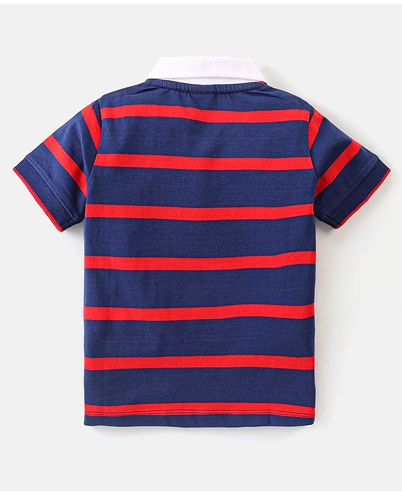 Babyhug Cotton Half Sleeves Striped Polo T-Shirt With Number Embroidery - Navy