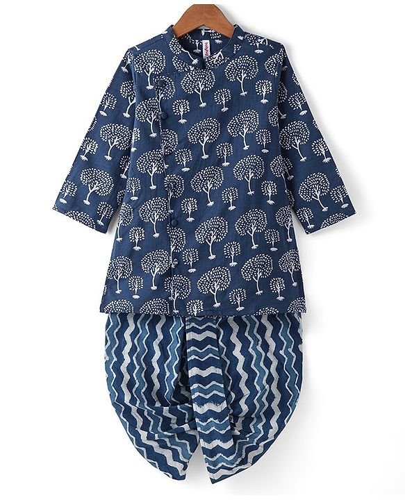 Babyhug Cotton Woven Full Sleeves Kurta & Leheriya Dhoti Set Trees Print - Indigo