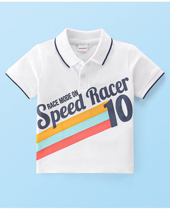 Babyhug 100% Cotton Knit Half Sleeves Polo T-Shirt with Text Graphics - White