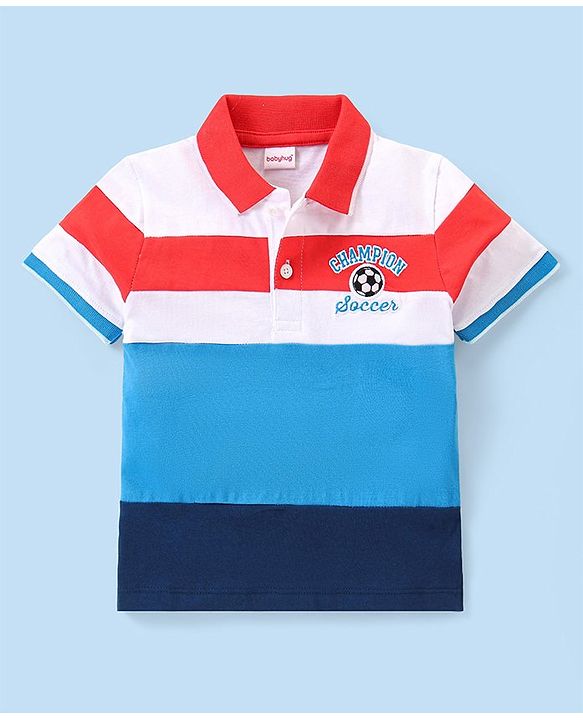 Babyhug Cotton Knit Half Sleeves Football Embroidered Polo T-Shirt with Cut & Sew Design - Blue & White