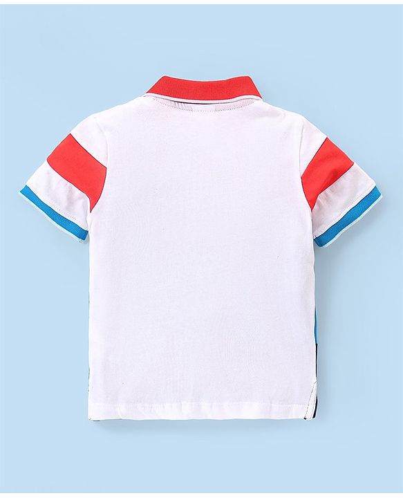 Babyhug Cotton Knit Half Sleeves Football Embroidered Polo T-Shirt with Cut & Sew Design - Blue & White