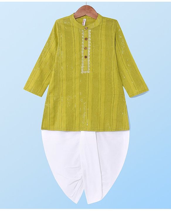 Babyhug Cambric Woven Full Sleeves  Front Pleated Kurta Dhoti Set - Limegreen