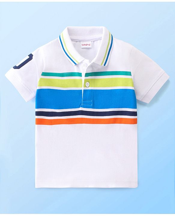 Babyhug Cotton Knit Half Sleeves Striped Polo Tee- White