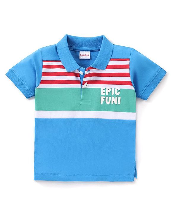 Babyhug Cotton Knit Half Sleeves Polo Striped T-Shirt with Text Print - Multicolour