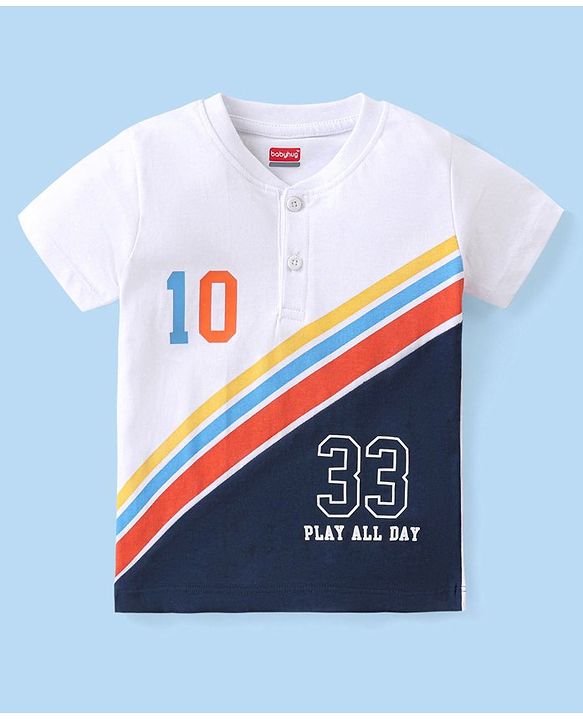Babyhug Cotton Knit Half Sleeves Striped T-Shirt with Numerical Embroidery - Multicolour