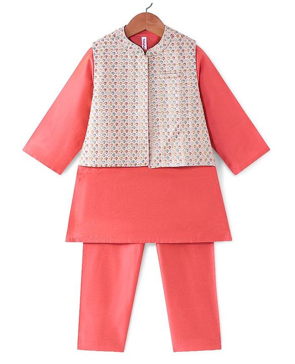 Babyhug Woven Full Sleeves Solid Kurta Pyjama Set With Mirror Embroided Jacket  -Red