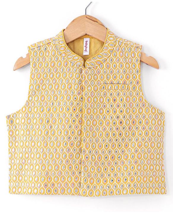 Babyhug Woven Full Sleeves Solid Kurta Pyjama Set With Mirror Embroided Jacket  -Orange