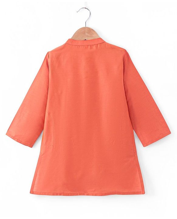 Babyhug Woven Full Sleeves Solid Kurta Pyjama Set With Mirror Embroided Jacket  -Orange
