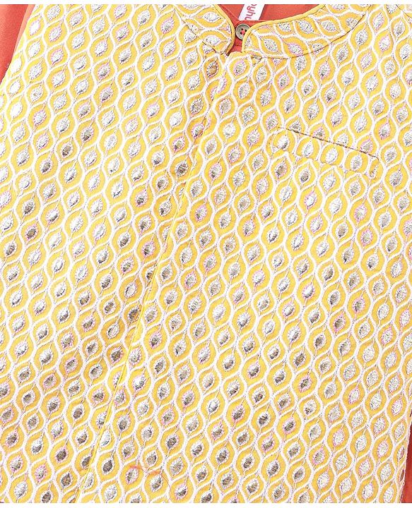 Babyhug Woven Full Sleeves Solid Kurta Pyjama Set With Mirror Embroided Jacket  -Orange
